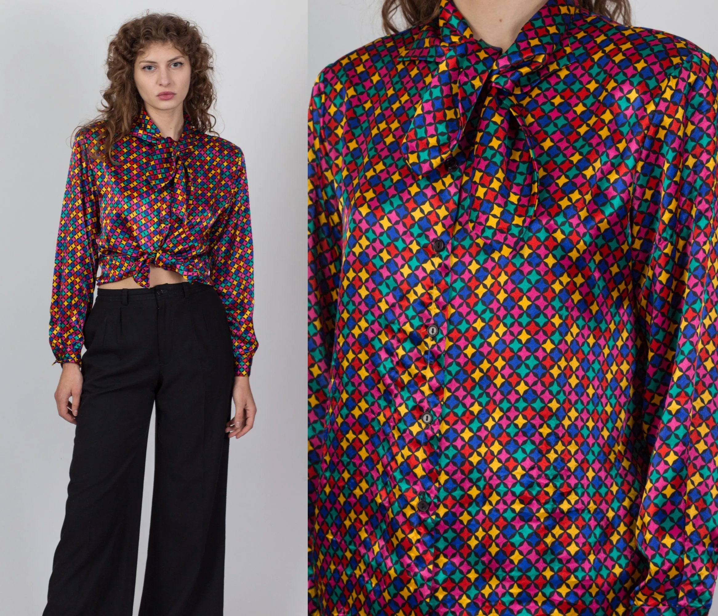 80s Satin Pinwheel Print Ascot Tie Blouse - Medium