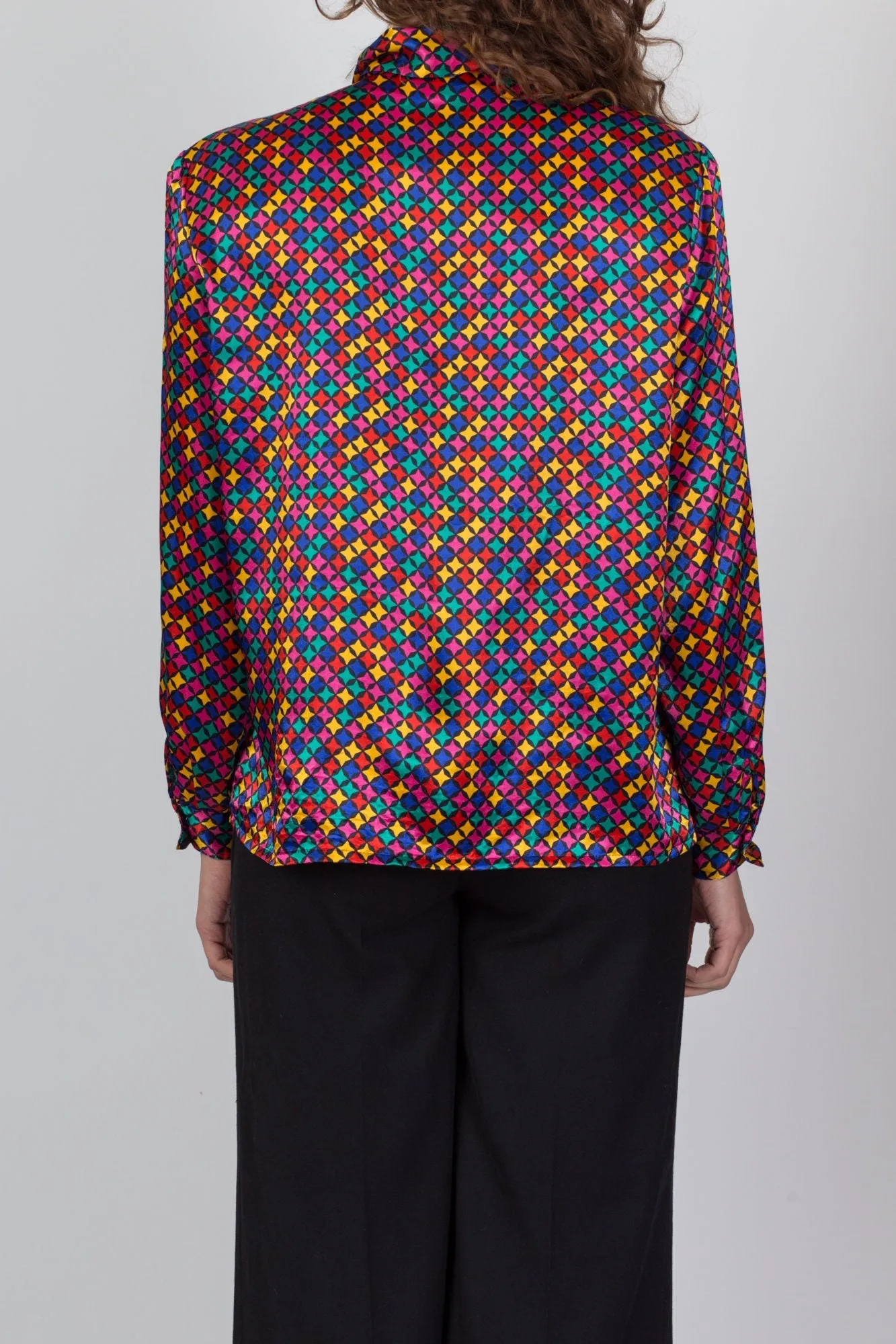 80s Satin Pinwheel Print Ascot Tie Blouse - Medium