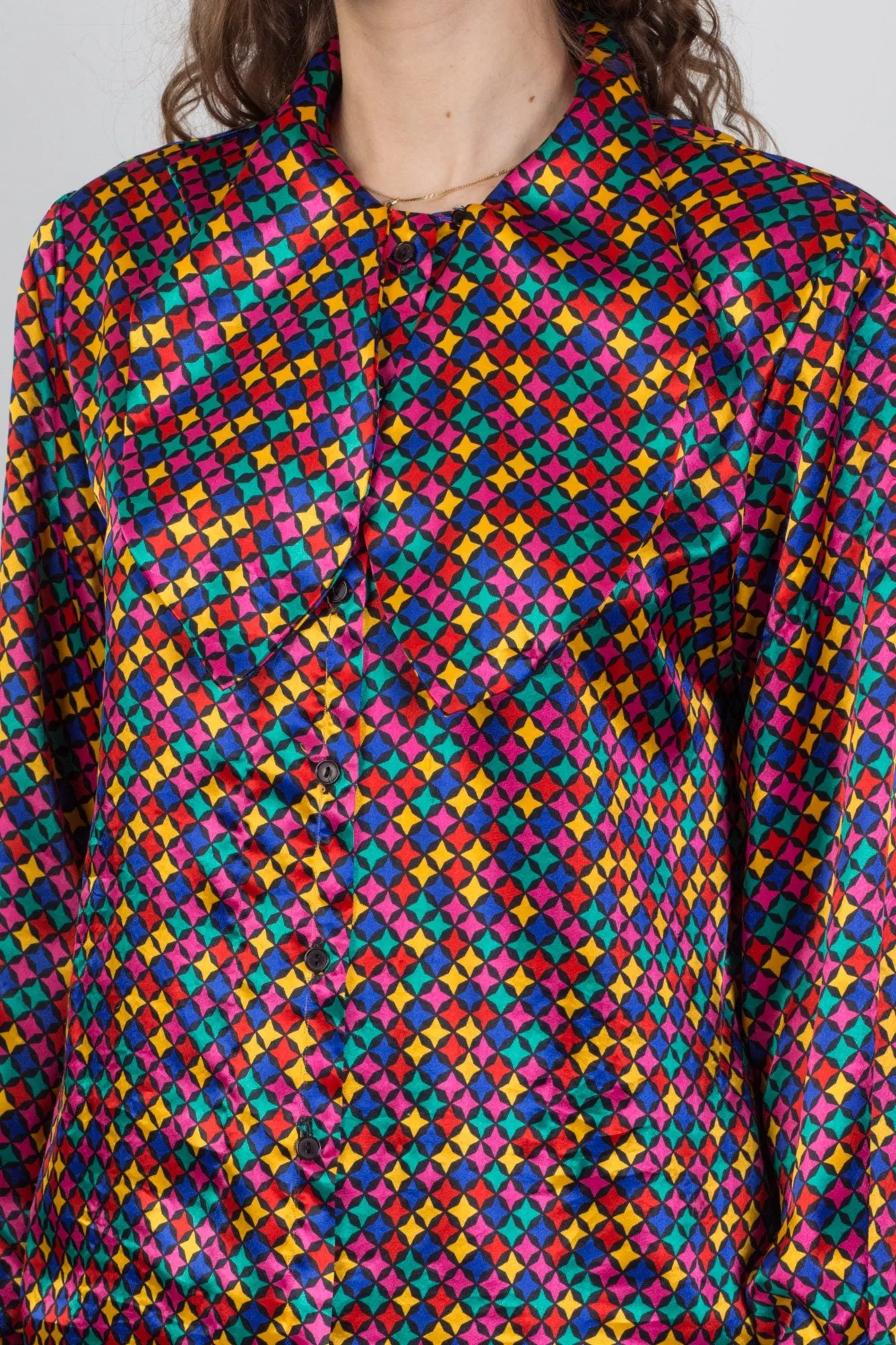 80s Satin Pinwheel Print Ascot Tie Blouse - Medium