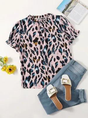 All Over Print Ruffle Short Sleeve Stand Collar Regular Plus Size Blouse