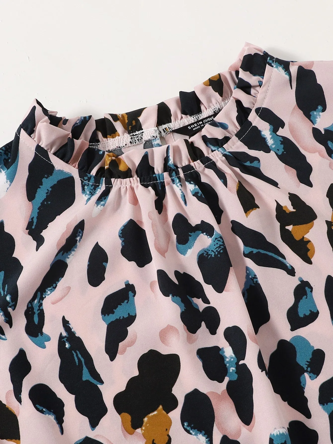 All Over Print Ruffle Short Sleeve Stand Collar Regular Plus Size Blouse