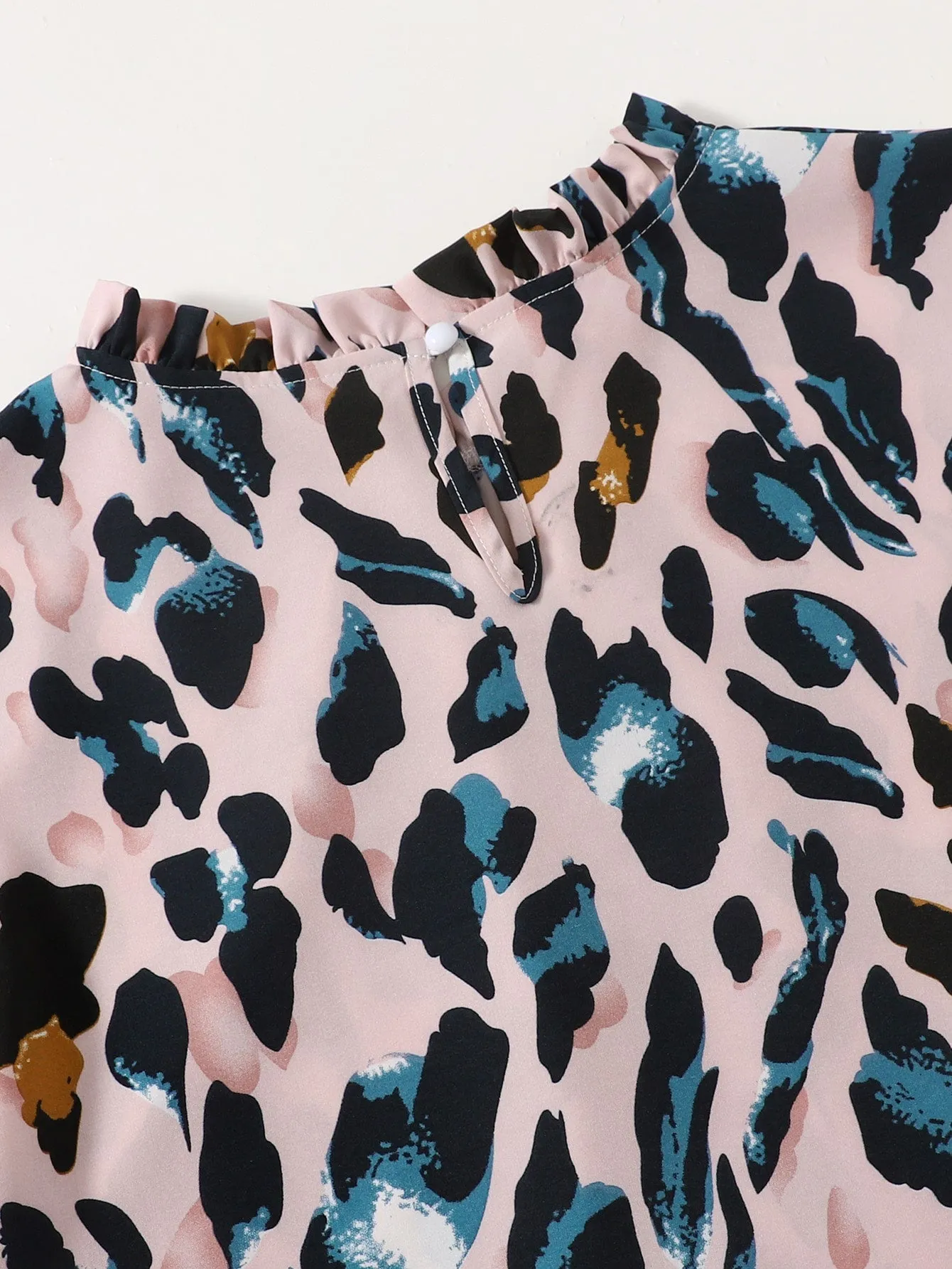 All Over Print Ruffle Short Sleeve Stand Collar Regular Plus Size Blouse