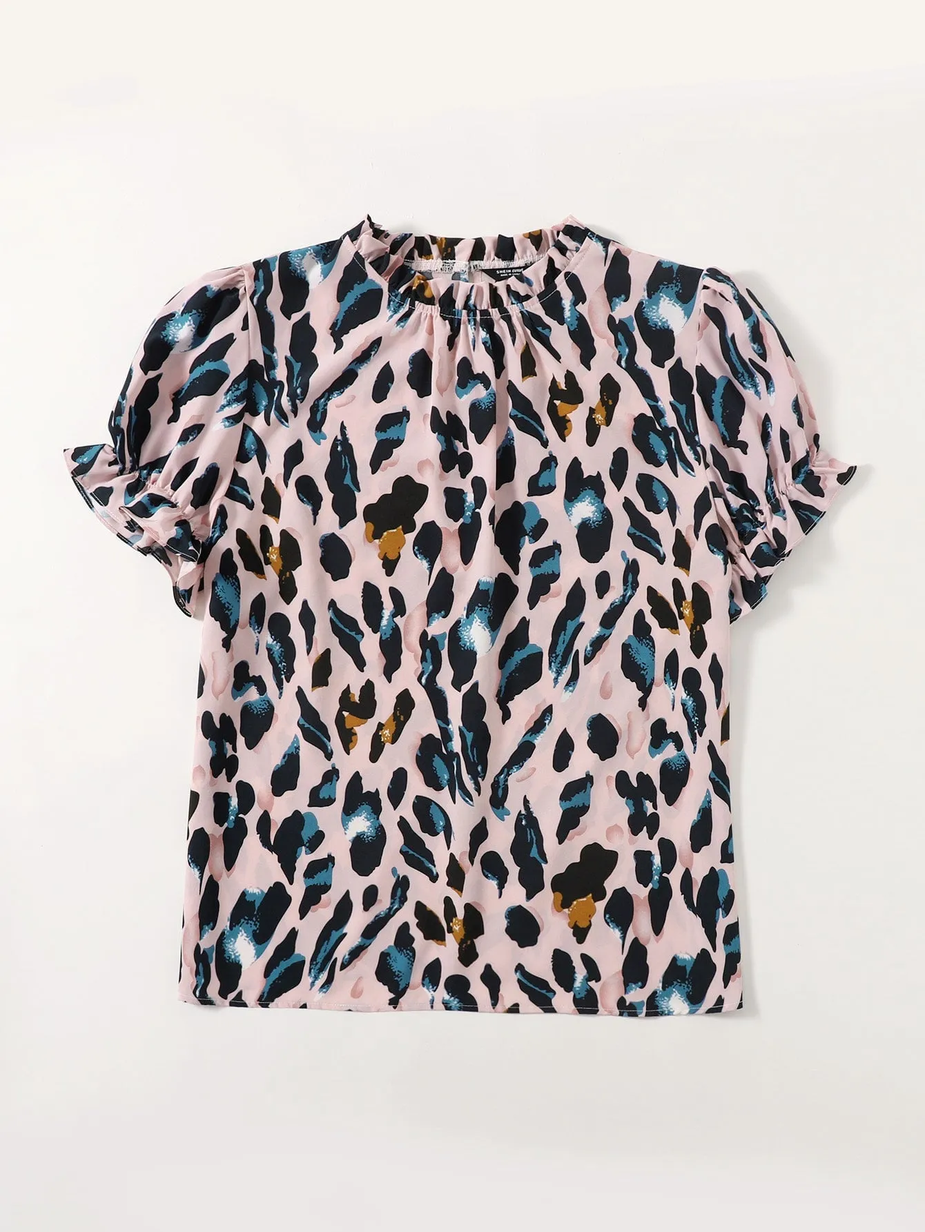 All Over Print Ruffle Short Sleeve Stand Collar Regular Plus Size Blouse