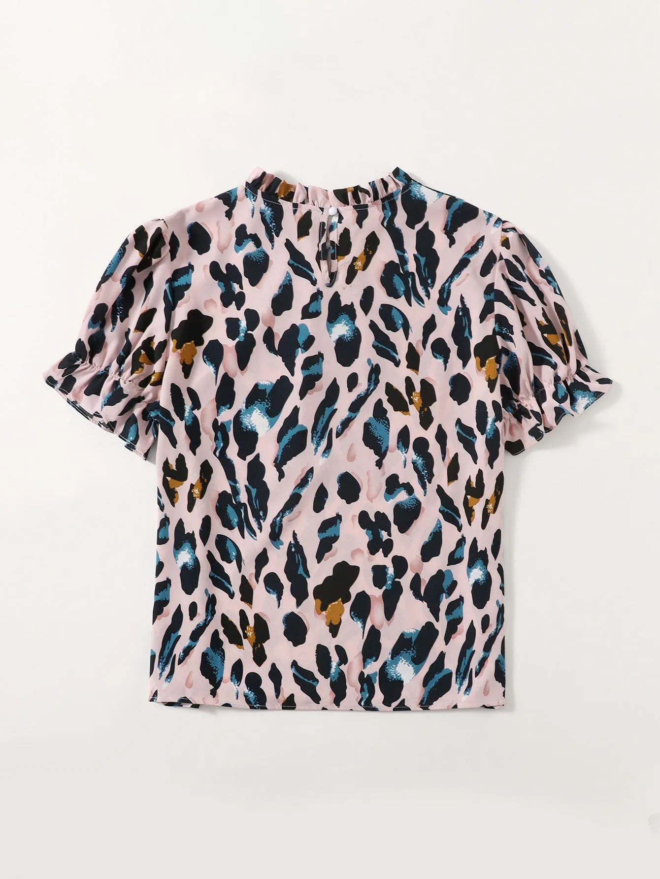 All Over Print Ruffle Short Sleeve Stand Collar Regular Plus Size Blouse