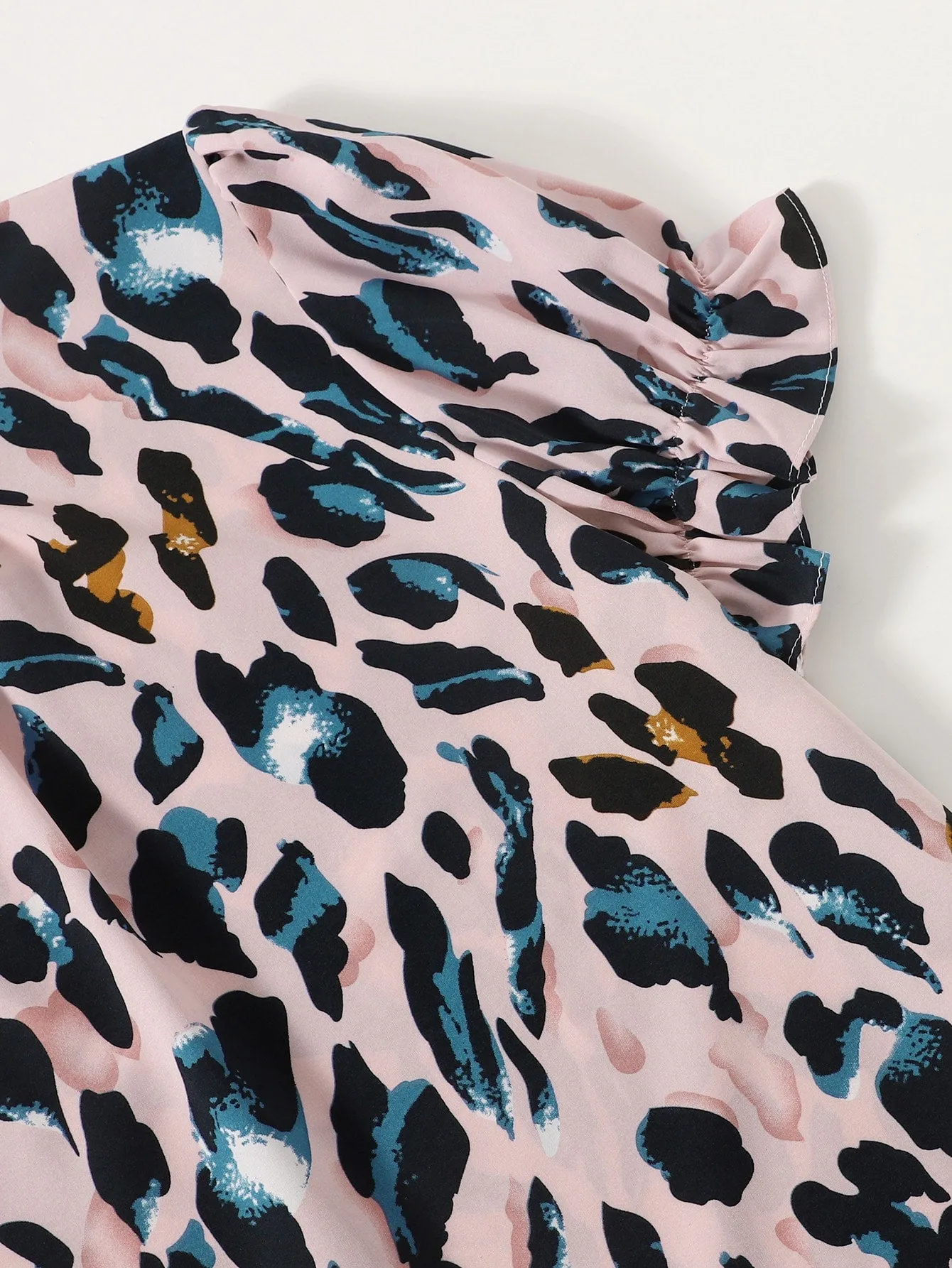 All Over Print Ruffle Short Sleeve Stand Collar Regular Plus Size Blouse