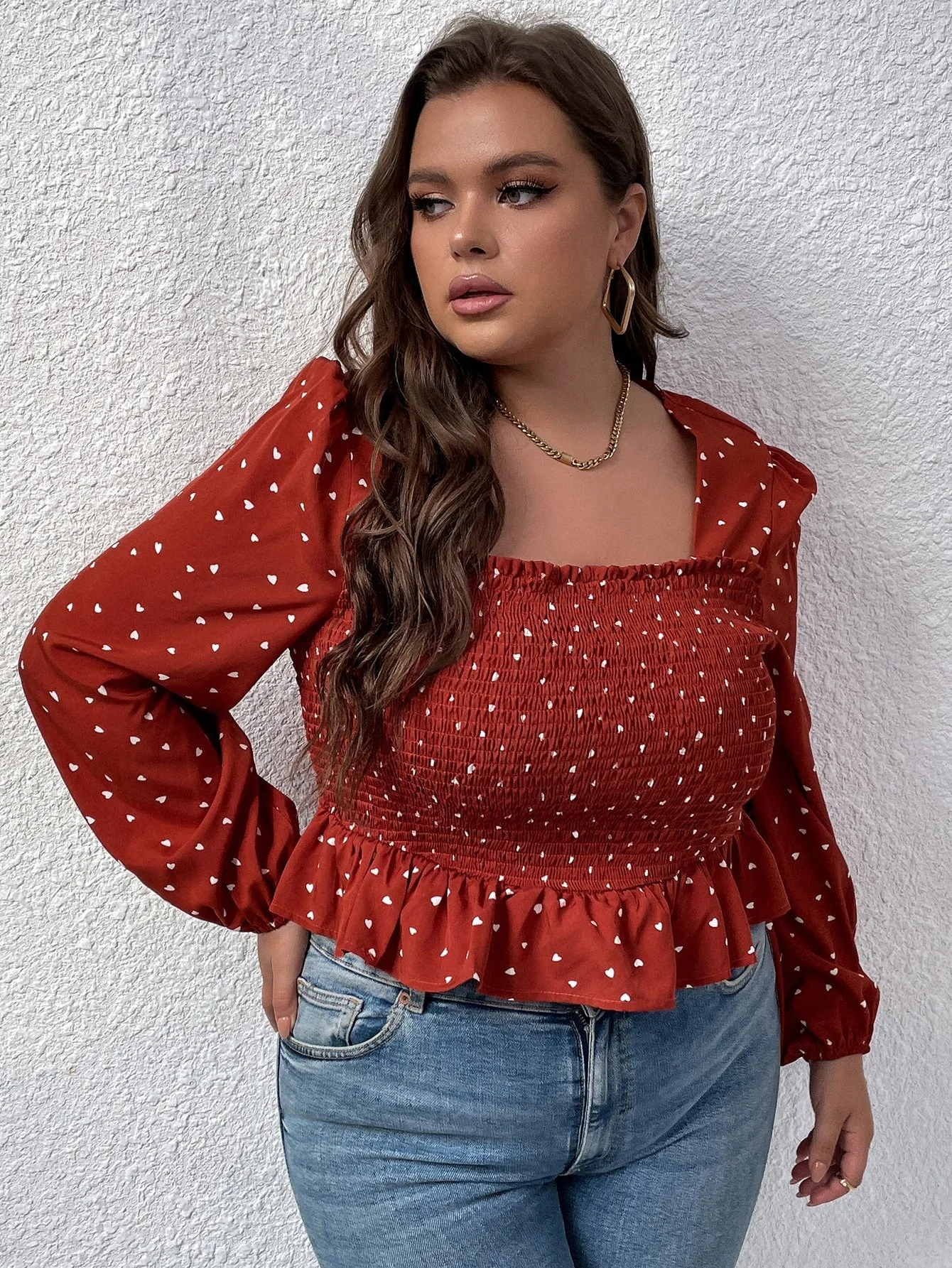 All Over Print Shirred Long Sleeve Square Neck Regular Plus Size Blouse