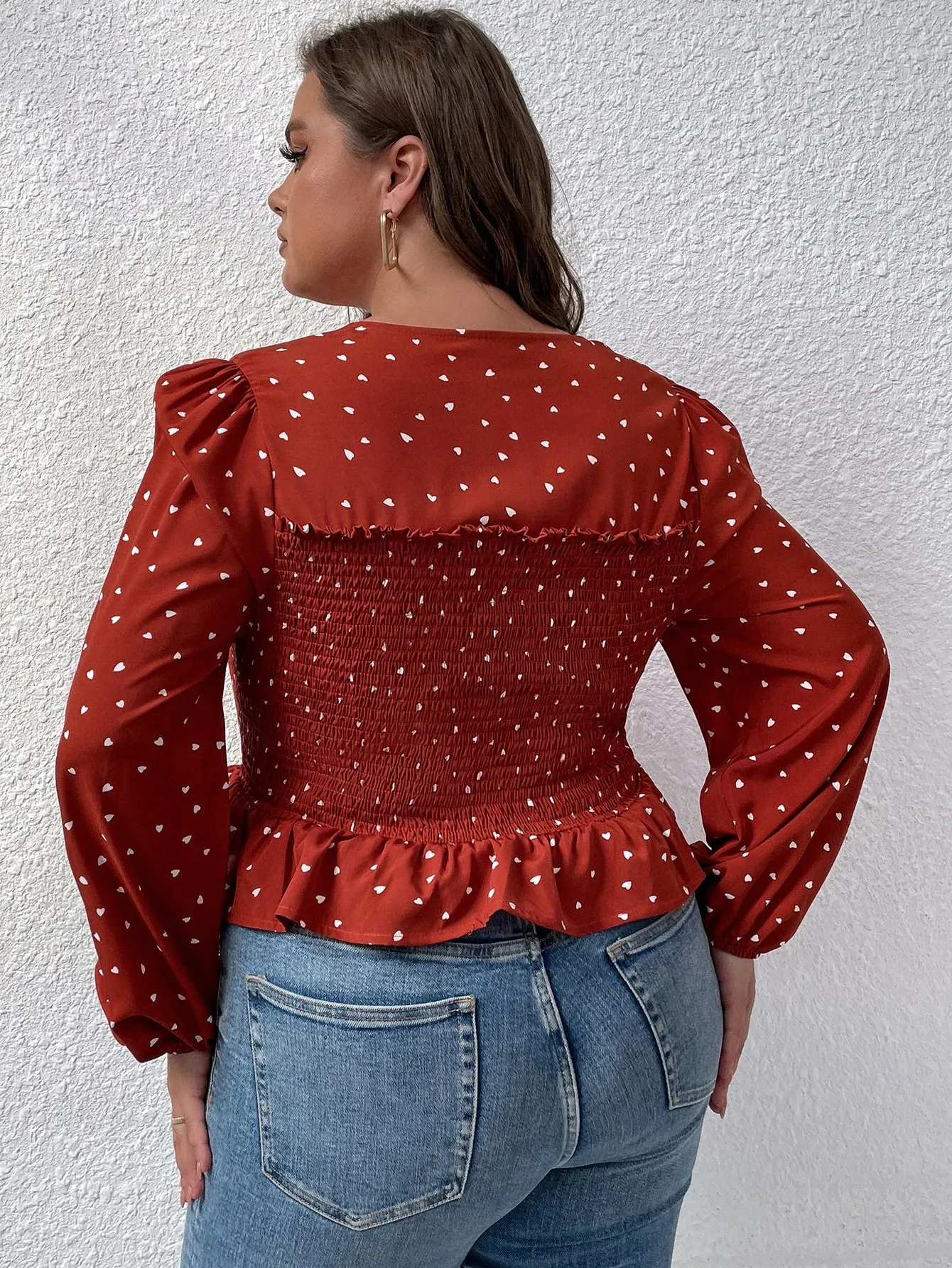 All Over Print Shirred Long Sleeve Square Neck Regular Plus Size Blouse