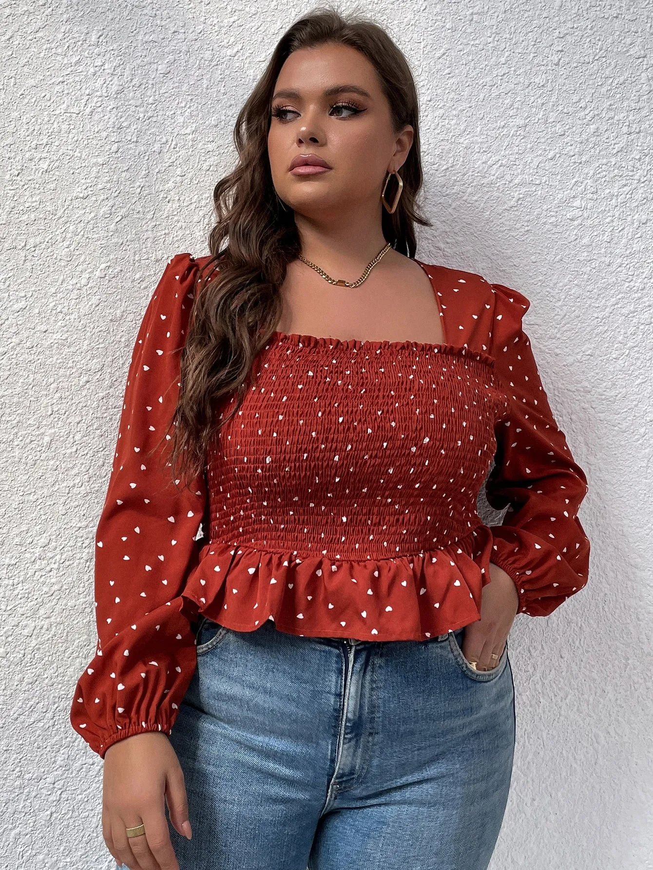 All Over Print Shirred Long Sleeve Square Neck Regular Plus Size Blouse