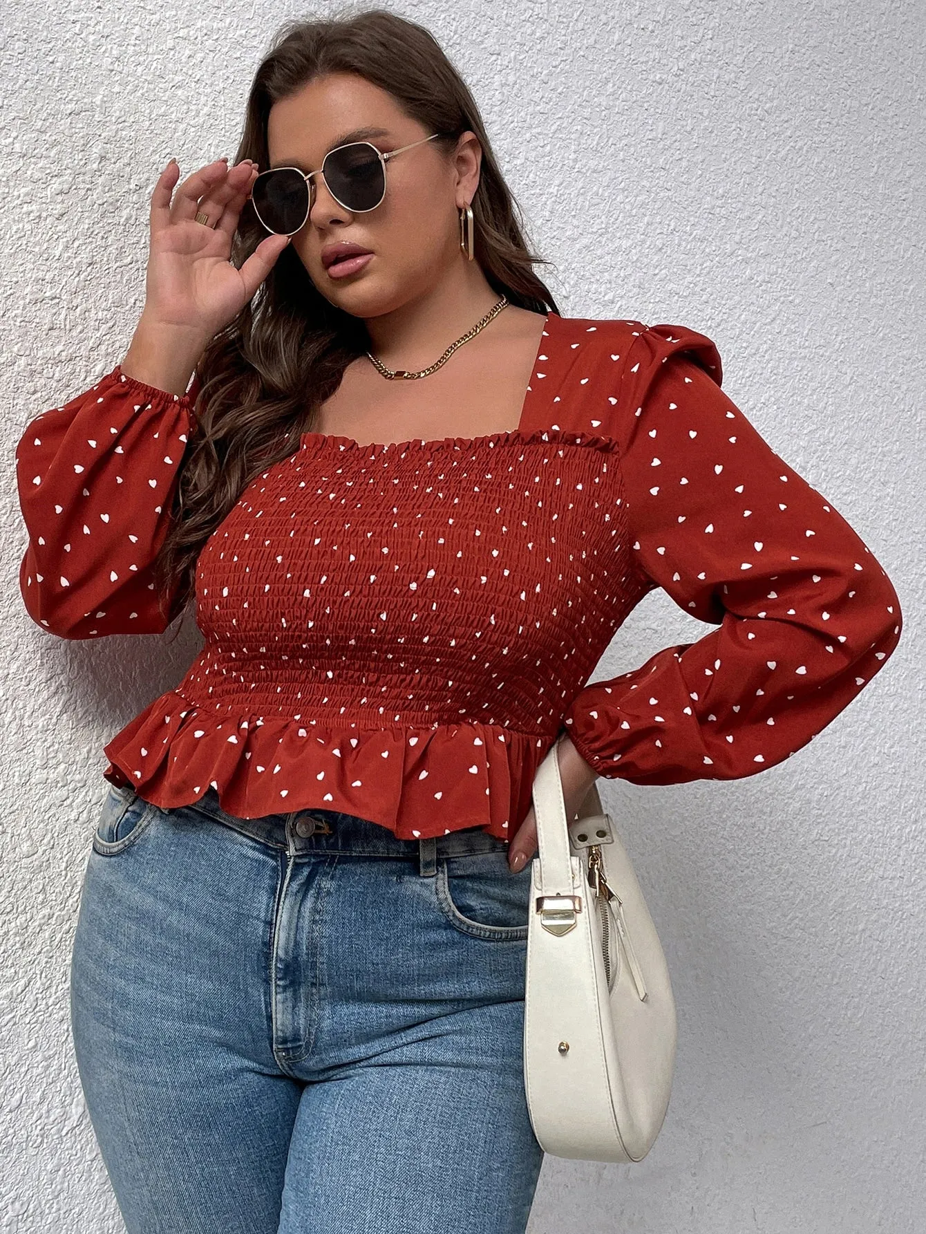 All Over Print Shirred Long Sleeve Square Neck Regular Plus Size Blouse