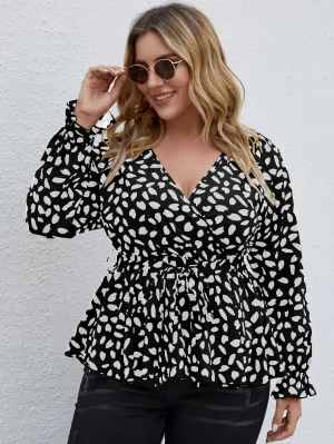 All Over Print Wrap Long Sleeve V Neck Long Plus Size Blouse