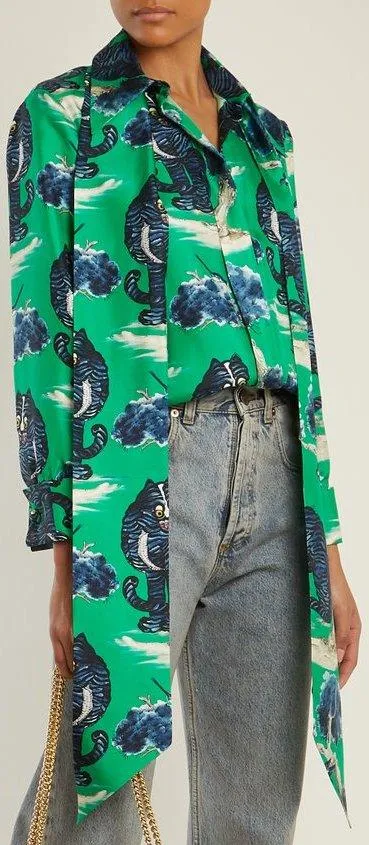 Angry Wild Cat-Print Silk Shirt