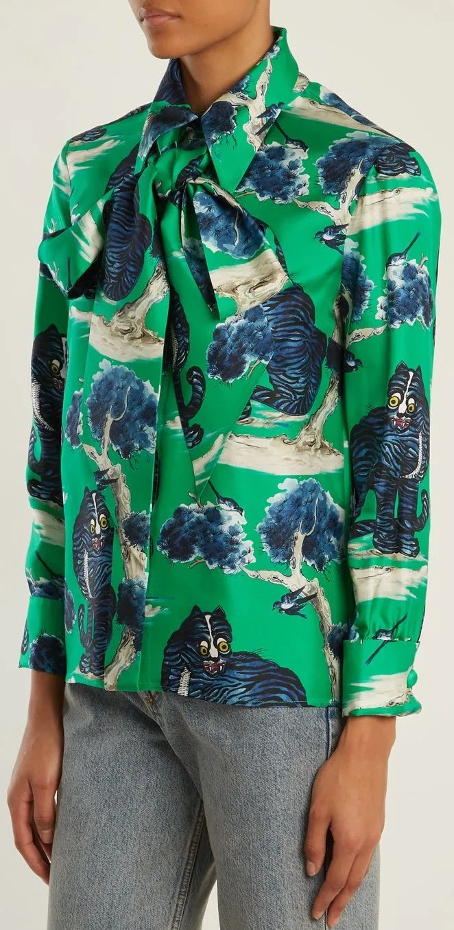 Angry Wild Cat-Print Silk Shirt