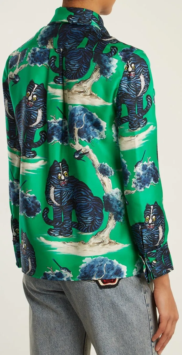 Angry Wild Cat-Print Silk Shirt