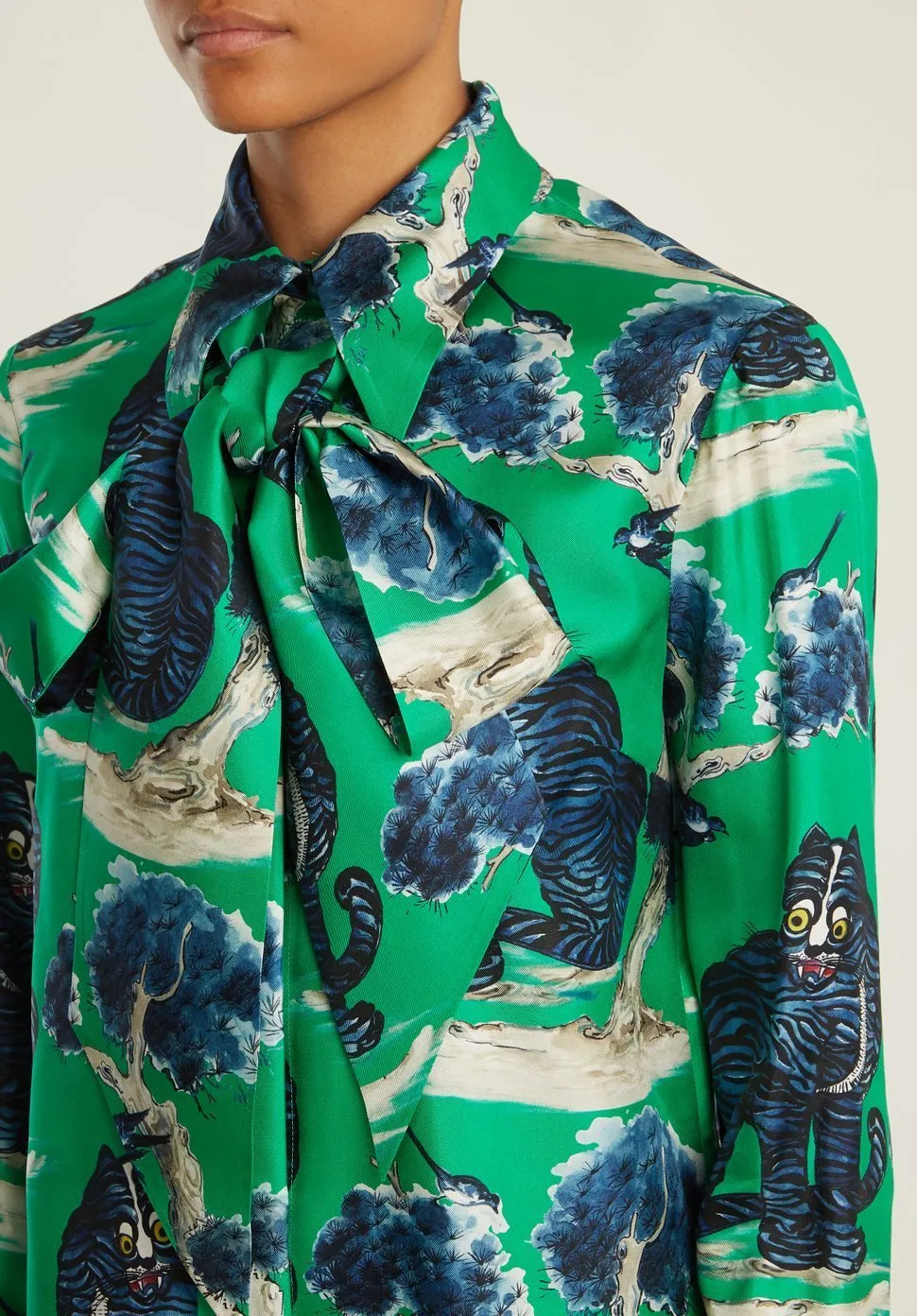 Angry Wild Cat-Print Silk Shirt