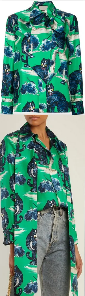 Angry Wild Cat-Print Silk Shirt