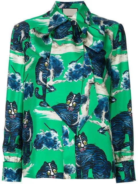 Angry Wild Cat-Print Silk Shirt