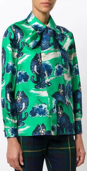 Angry Wild Cat-Print Silk Shirt