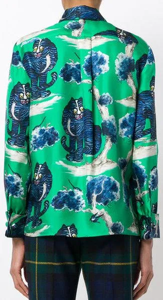 Angry Wild Cat-Print Silk Shirt