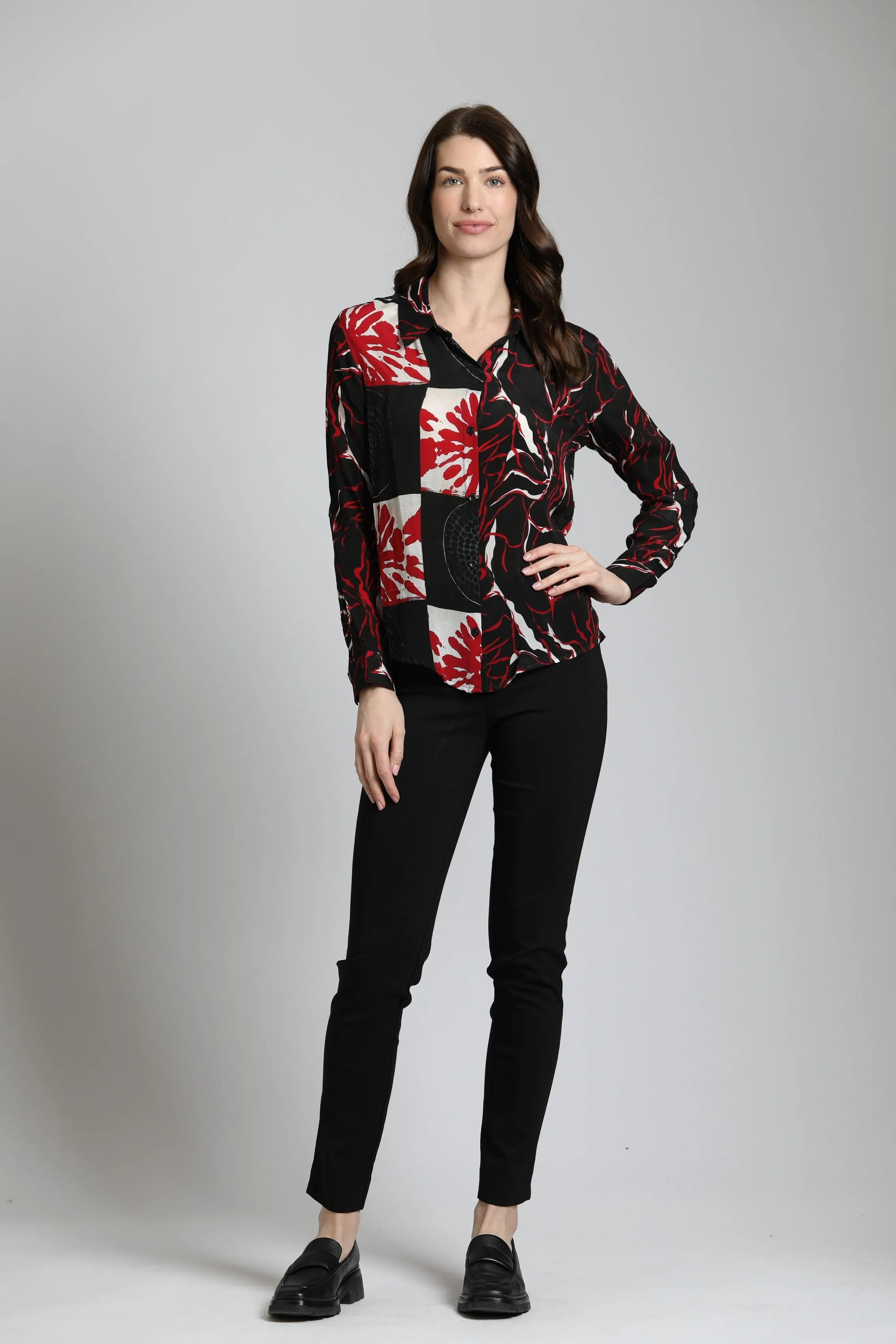 APNY Abstract Brushstroke Patterns - Button Up Top With Roll Up Tab Sleeve Mix Media