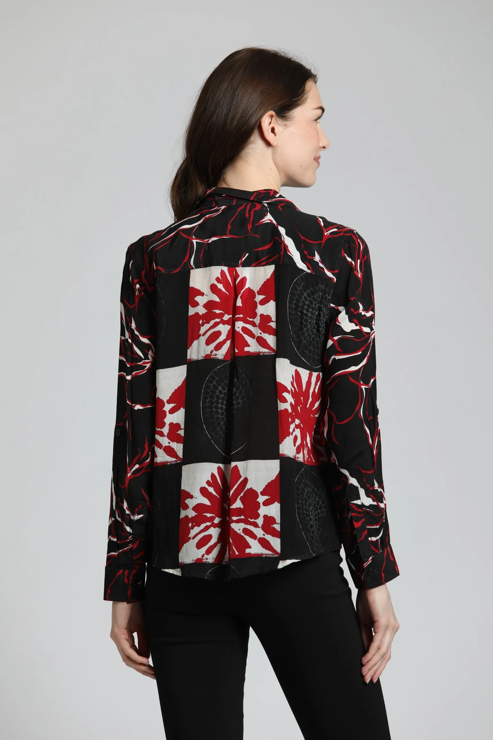 APNY Abstract Brushstroke Patterns - Button Up Top With Roll Up Tab Sleeve Mix Media