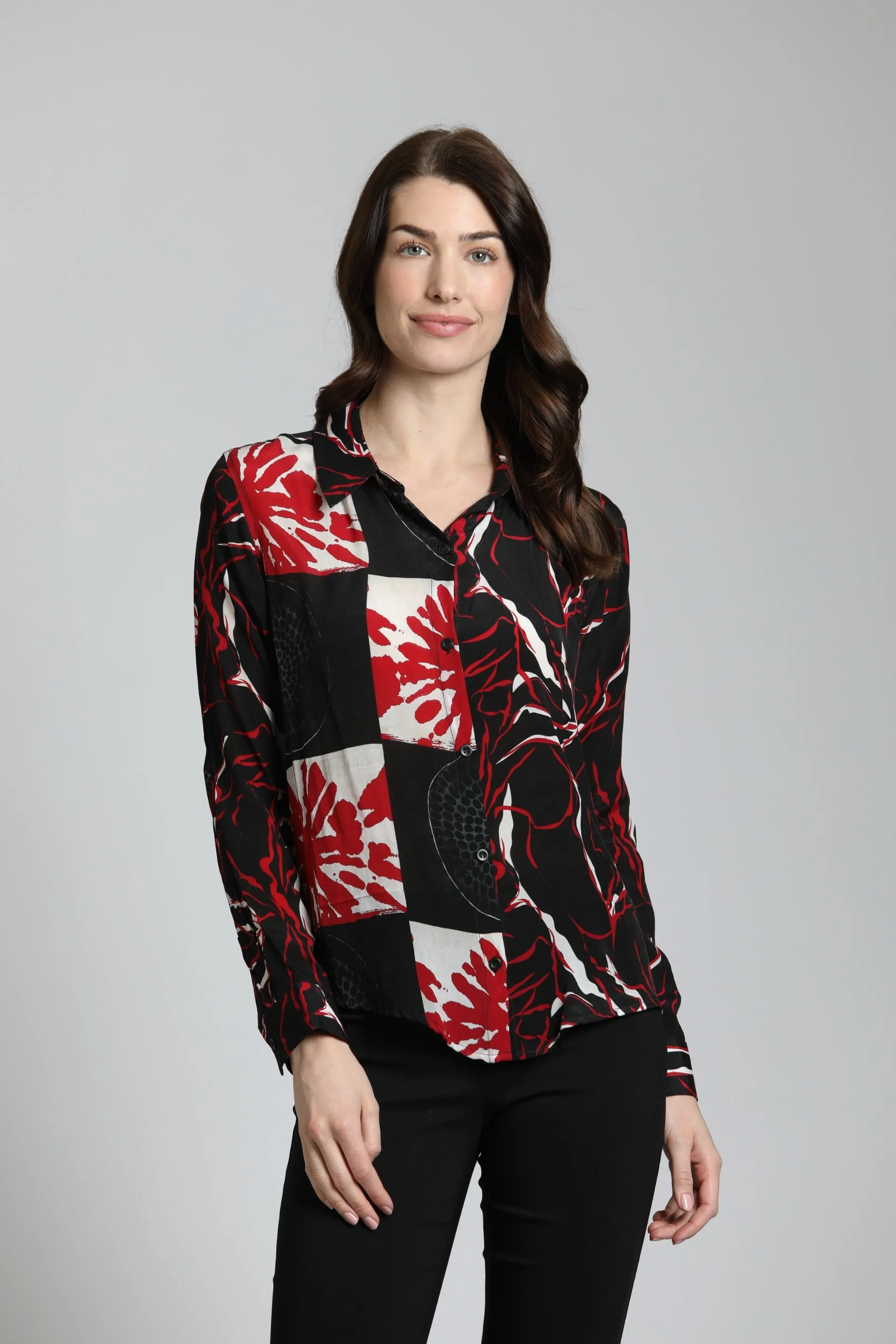 APNY Abstract Brushstroke Patterns - Button Up Top With Roll Up Tab Sleeve Mix Media