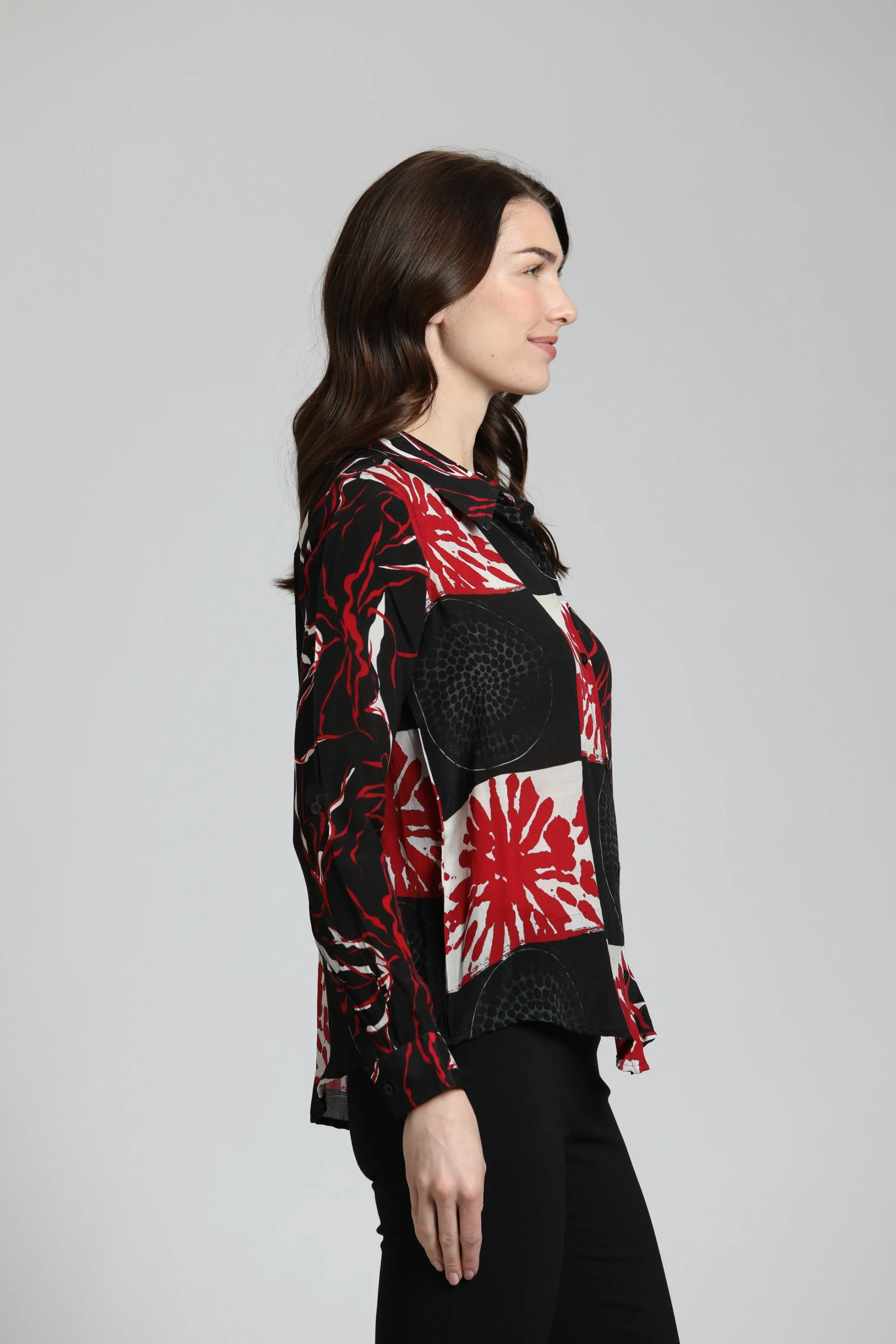 APNY Abstract Brushstroke Patterns - Button Up Top With Roll Up Tab Sleeve Mix Media