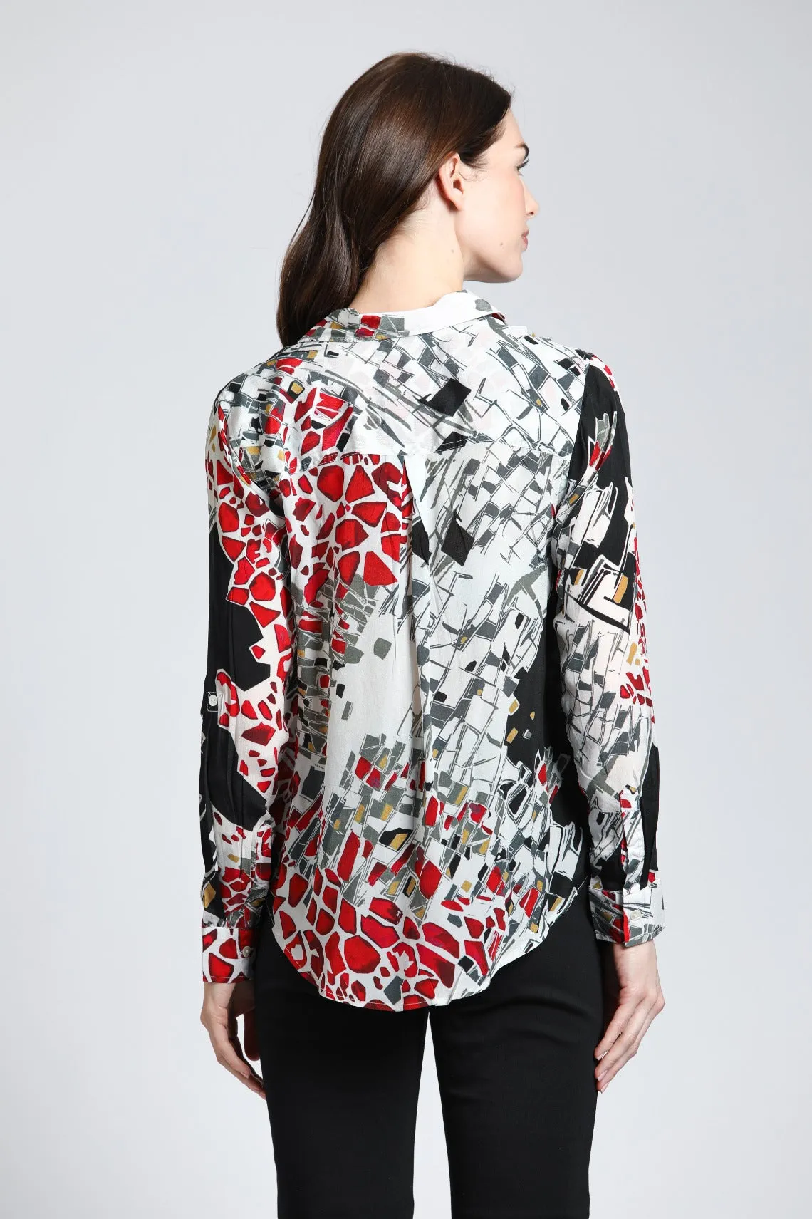 APNY Abstract Print Button Up Top With Roll Tab Sleeves