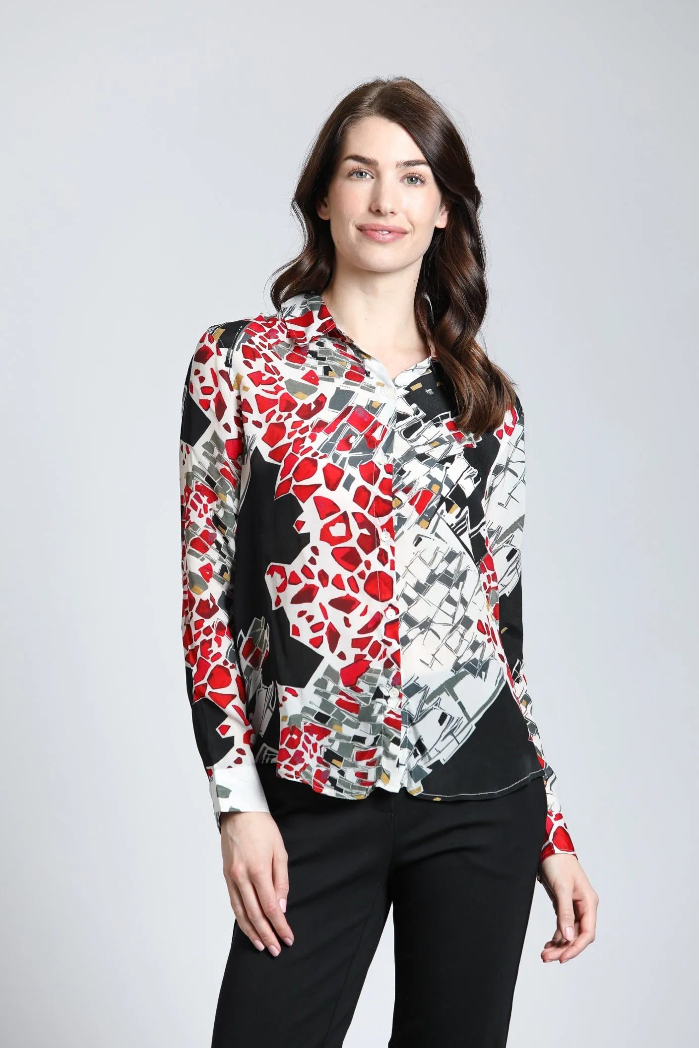 APNY Abstract Print Button Up Top With Roll Tab Sleeves
