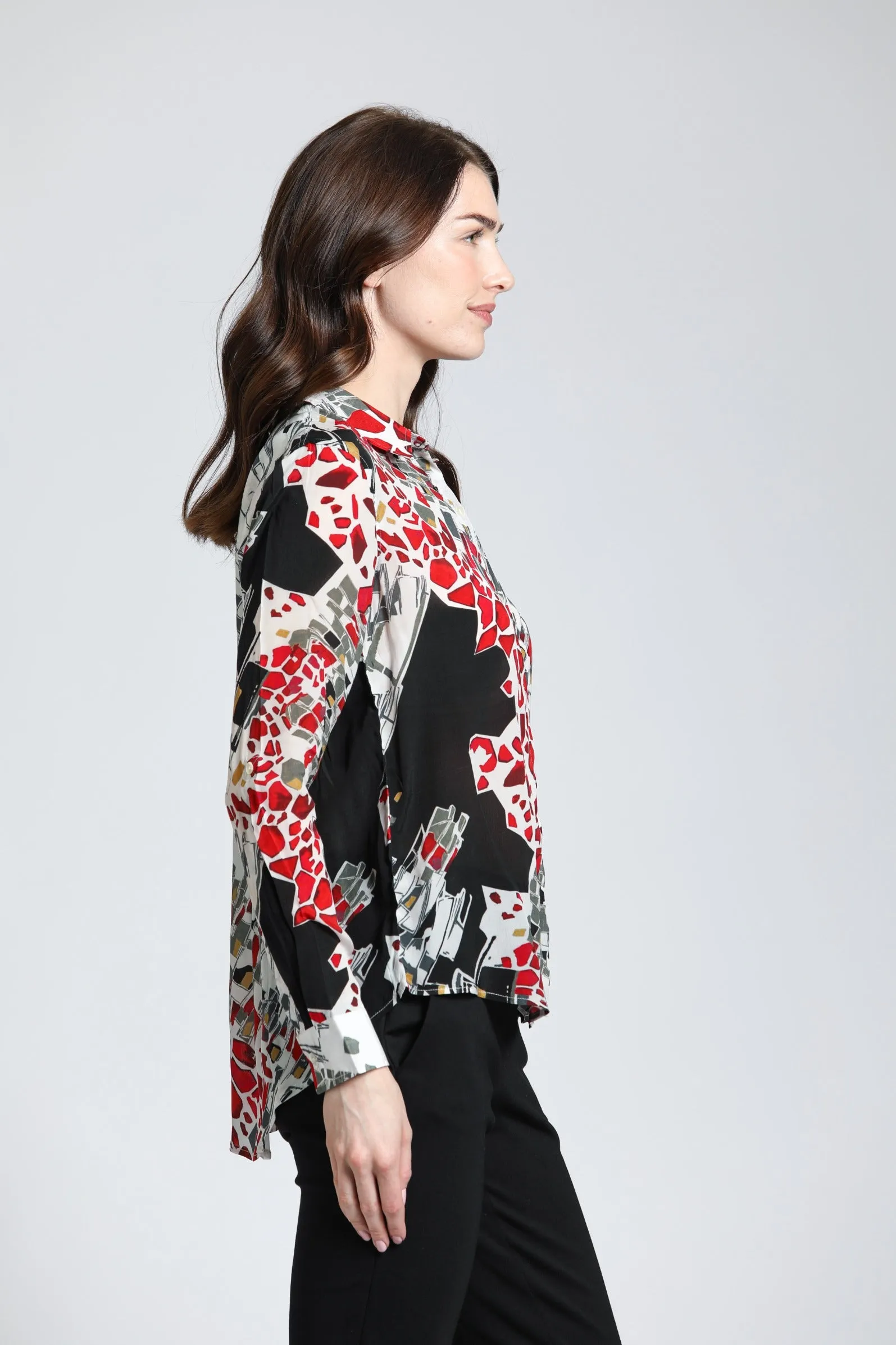 APNY Abstract Print Button Up Top With Roll Tab Sleeves