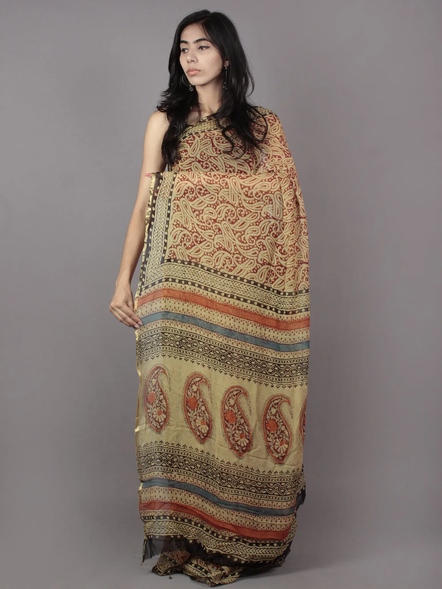 Beige Red Black Hand Block Printed Chiffon Saree - S031701879