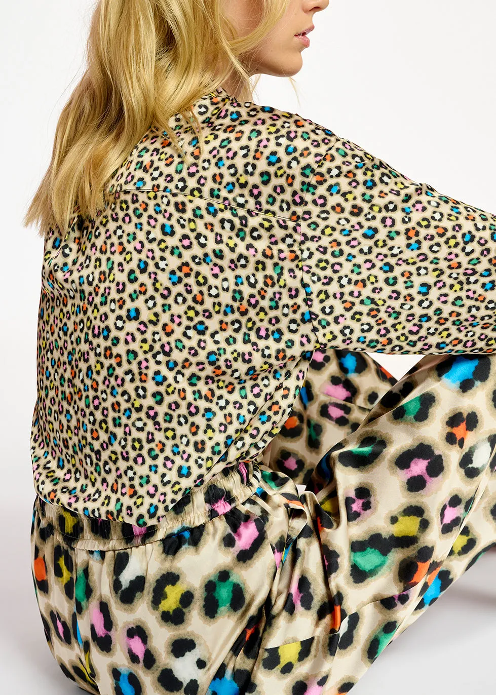 Beige sequin-embroidered shirt with multicolor leopard print