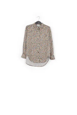 Beige sequin-embroidered shirt with multicolor leopard print