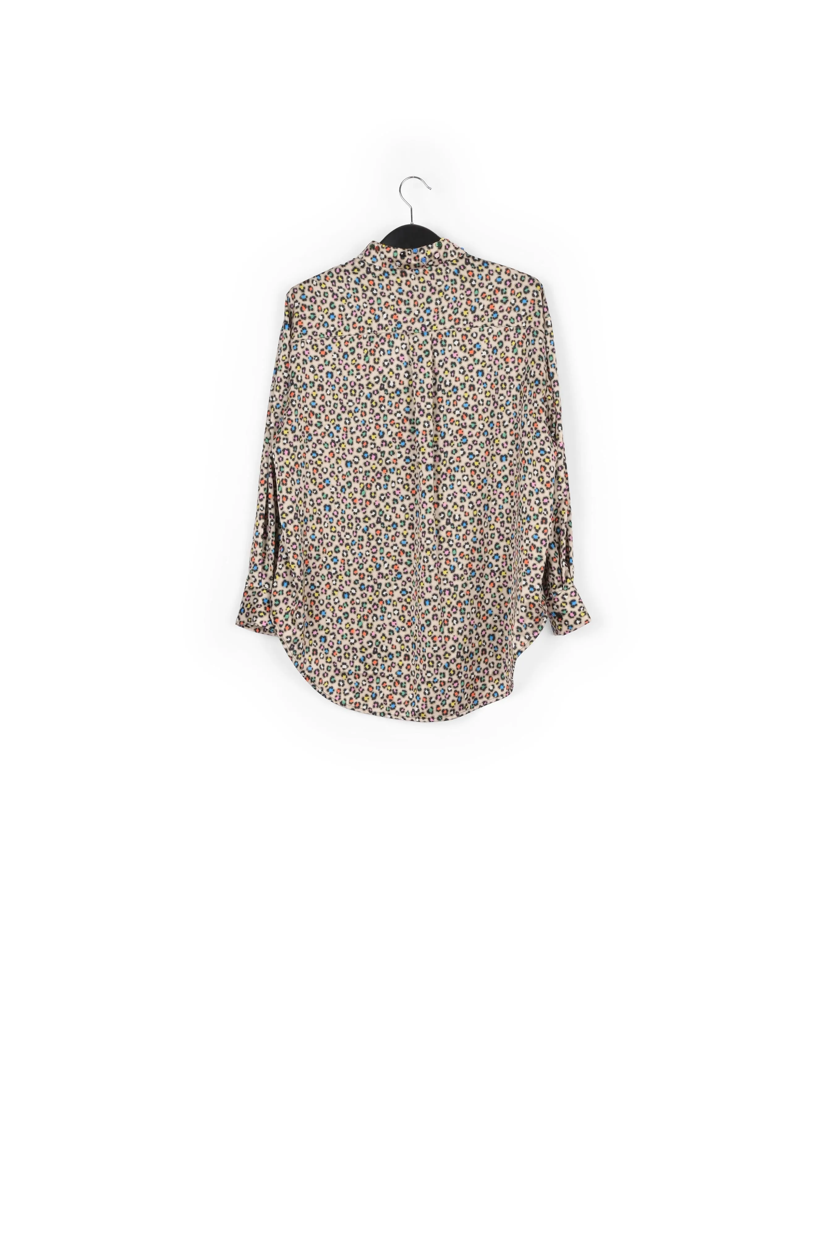 Beige sequin-embroidered shirt with multicolor leopard print