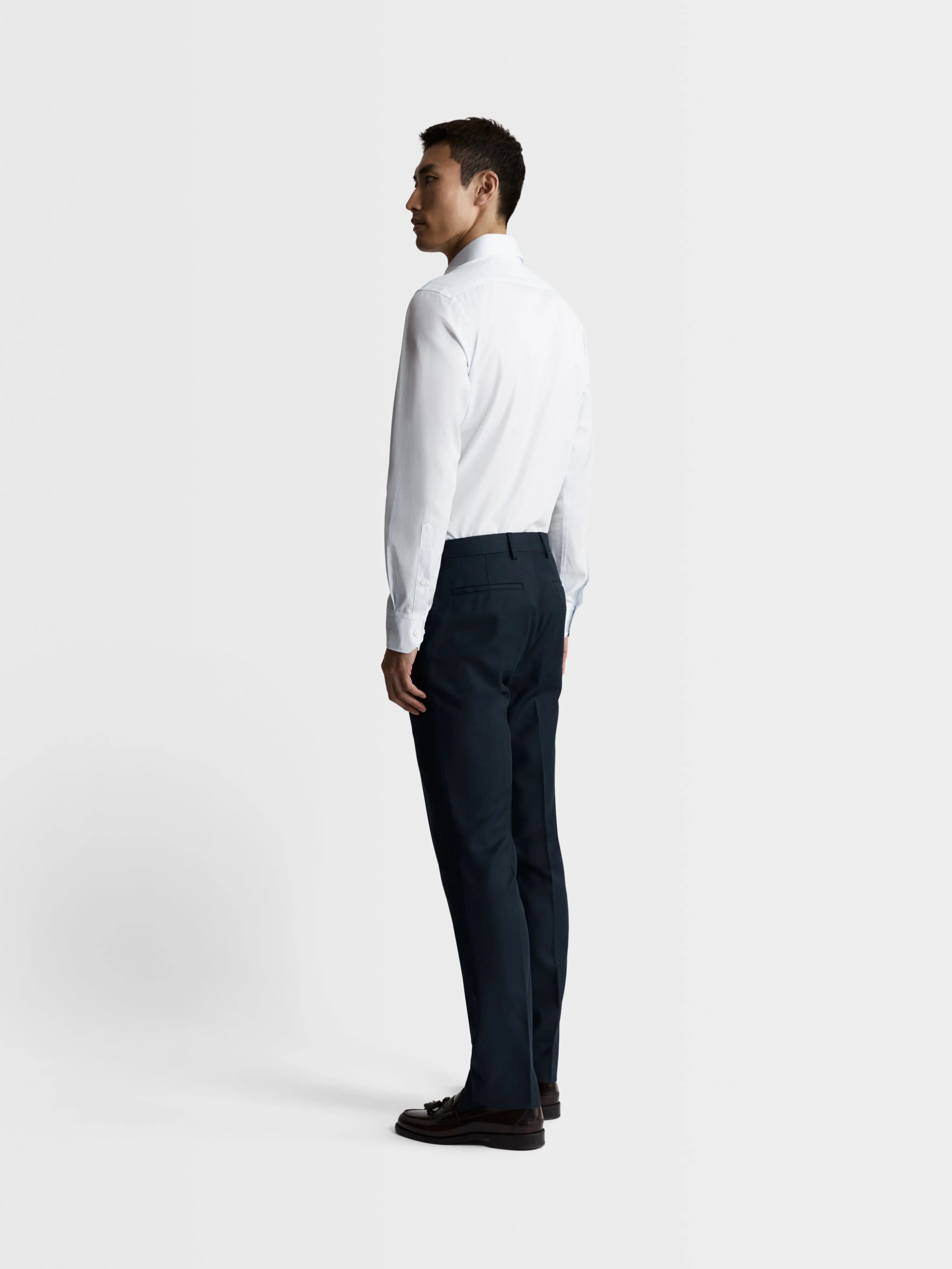 Blue Dash Pinstripe Plain Weave Fitted Single Cuff Cutaway Collar Shirt