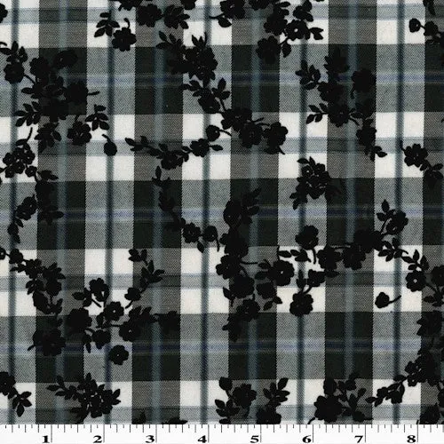 Blue/Black/White Velvet Flocked Floral Print Plaid Shirting Fabric