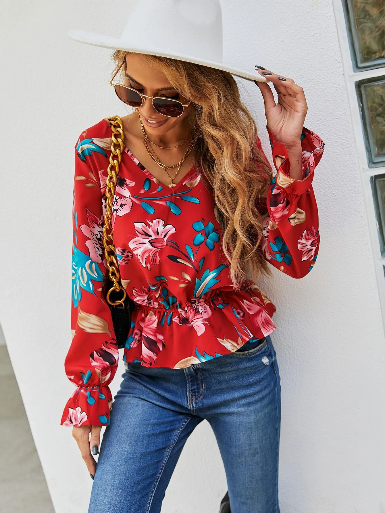 Boho Floral Ruffle Hem Long Sleeve V Neck Flared Regular Blouse