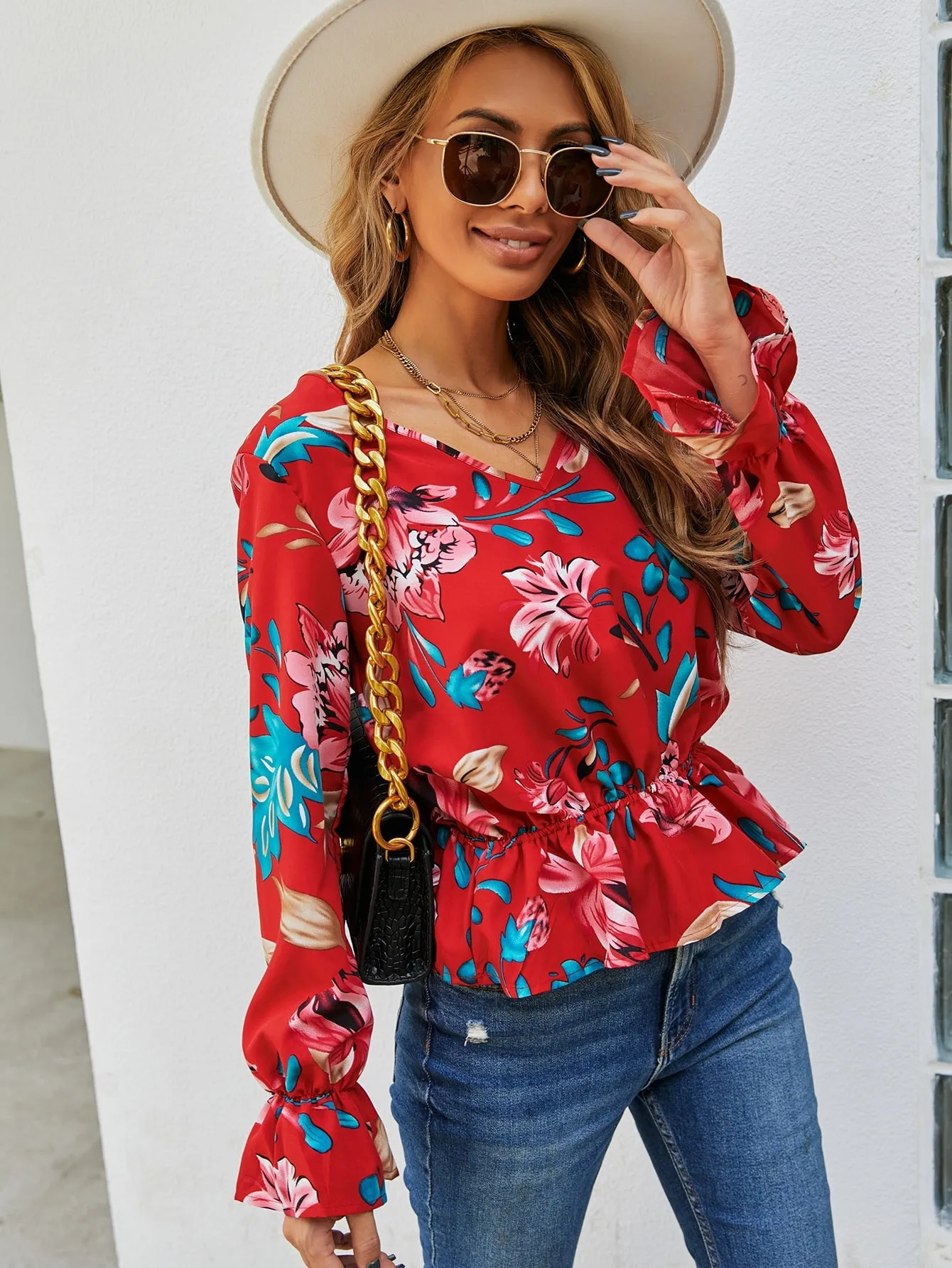 Boho Floral Ruffle Hem Long Sleeve V Neck Flared Regular Blouse