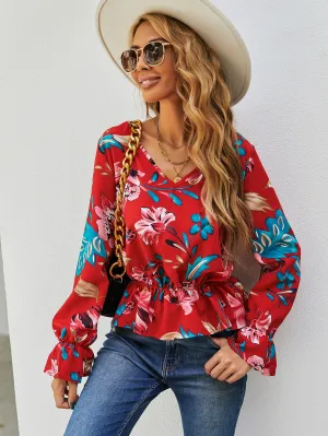 Boho Floral Ruffle Hem Long Sleeve V Neck Flared Regular Blouse