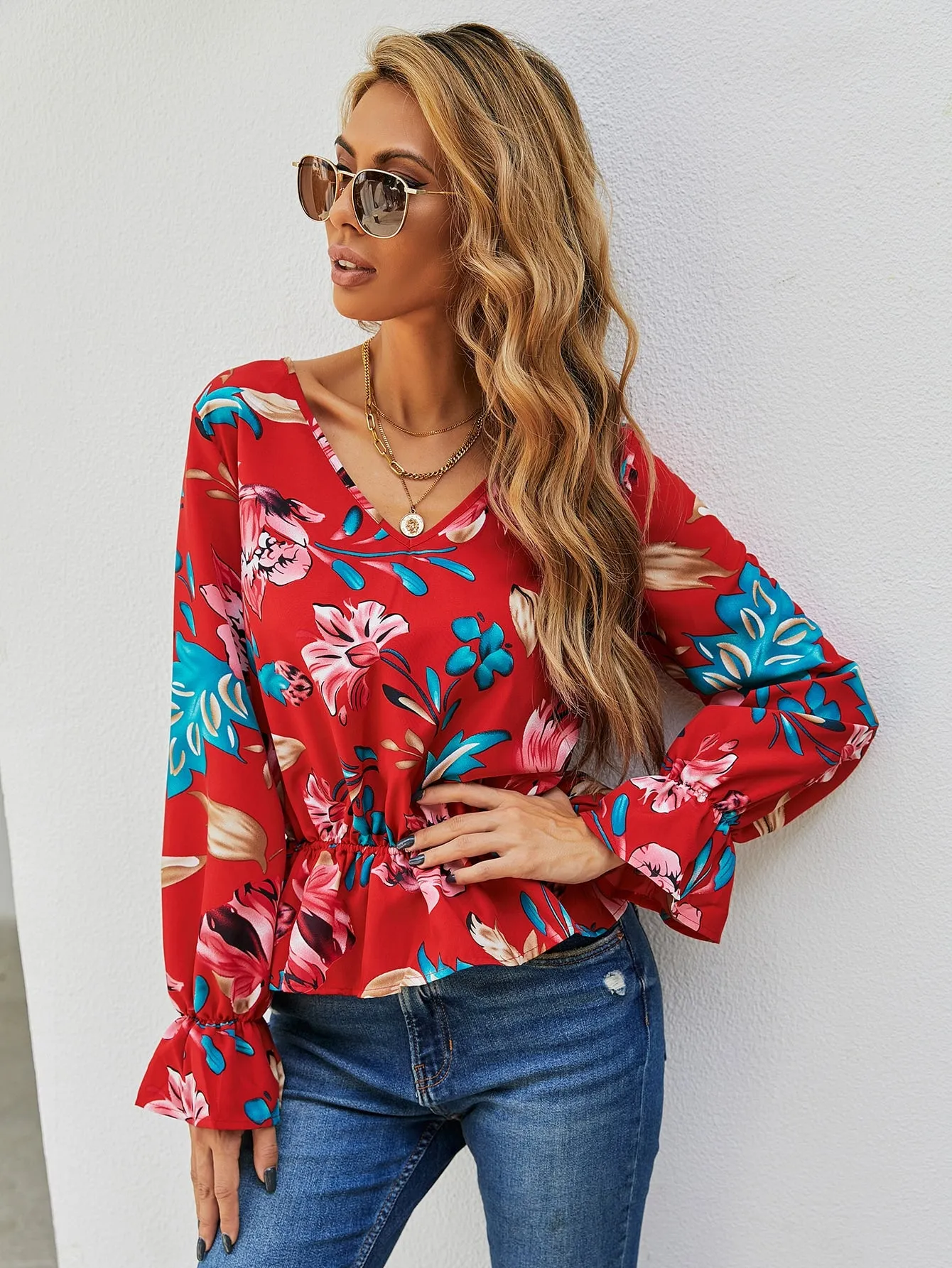Boho Floral Ruffle Hem Long Sleeve V Neck Flared Regular Blouse