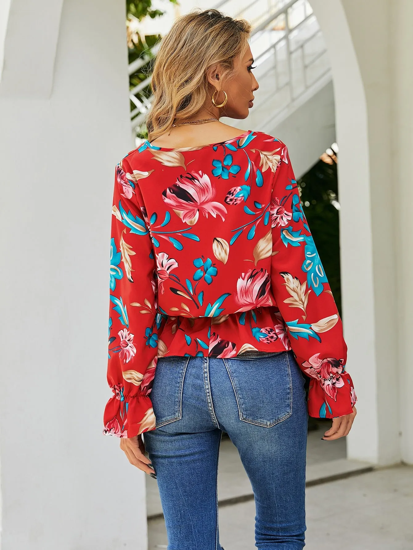 Boho Floral Ruffle Hem Long Sleeve V Neck Flared Regular Blouse