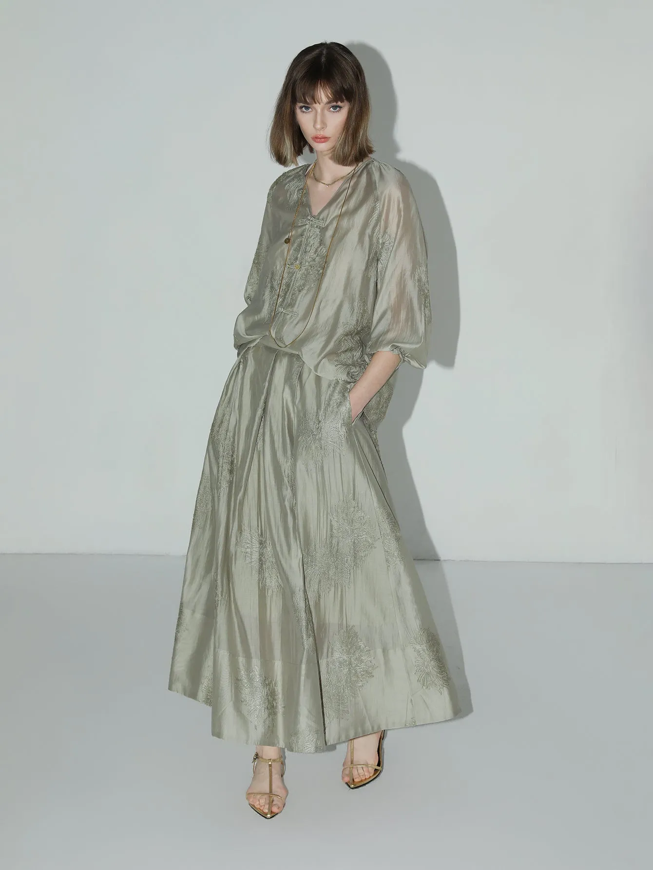 Brocade Button Embroidered Mint Green Kaftan Dress