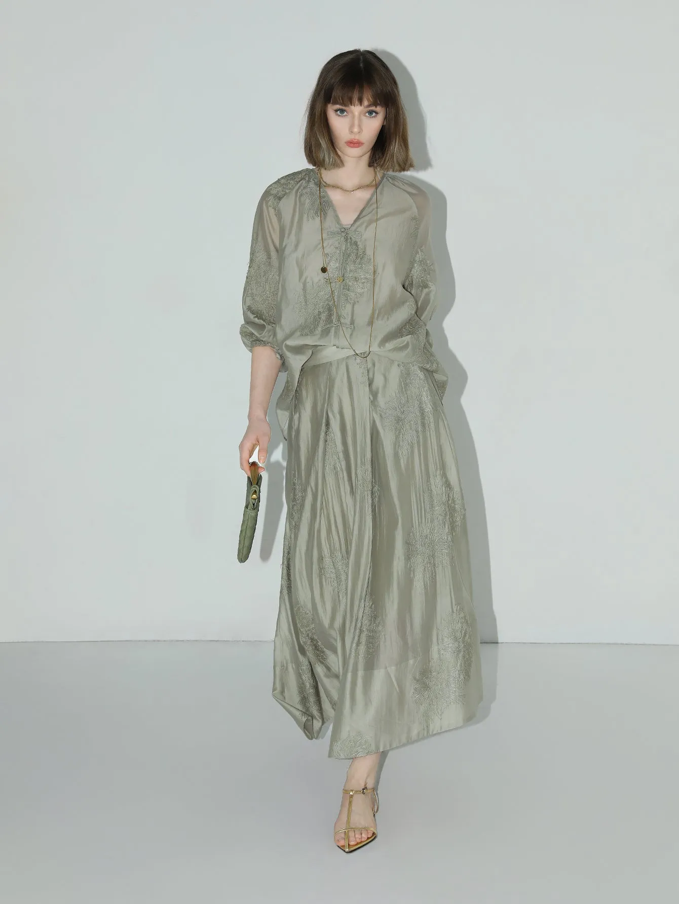 Brocade Button Embroidered Mint Green Kaftan Dress