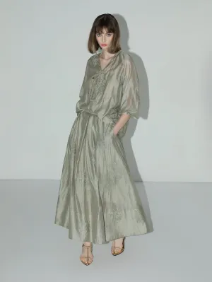 Brocade Button Embroidered Mint Green Kaftan Dress