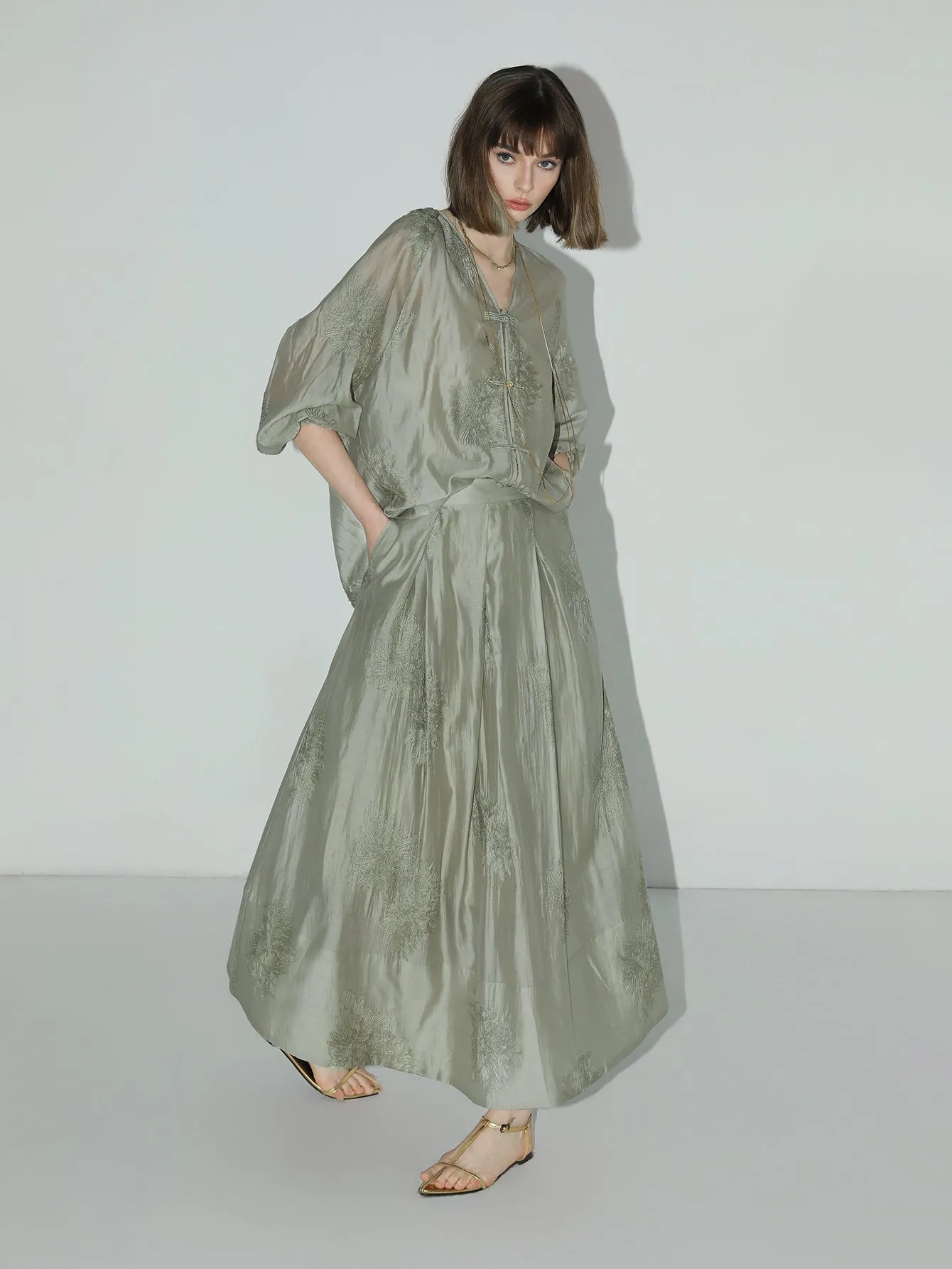 Brocade Button Embroidered Mint Green Kaftan Dress