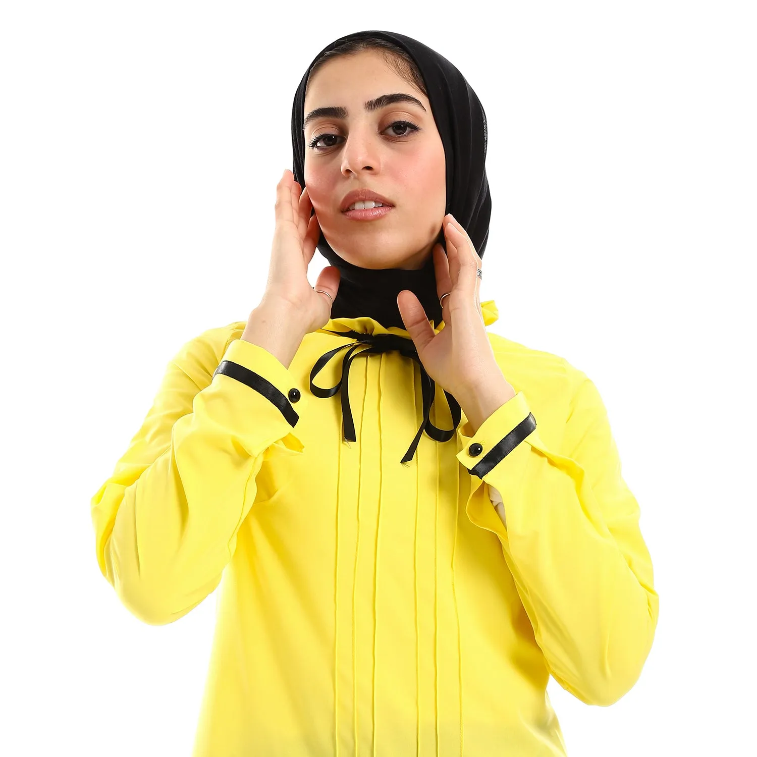 Buttoned Cuffs Stitched Chest Yellow & Black Blouse