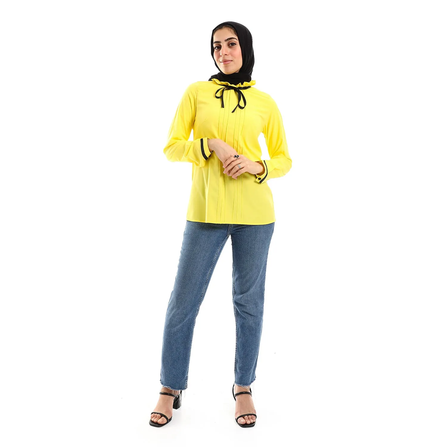 Buttoned Cuffs Stitched Chest Yellow & Black Blouse