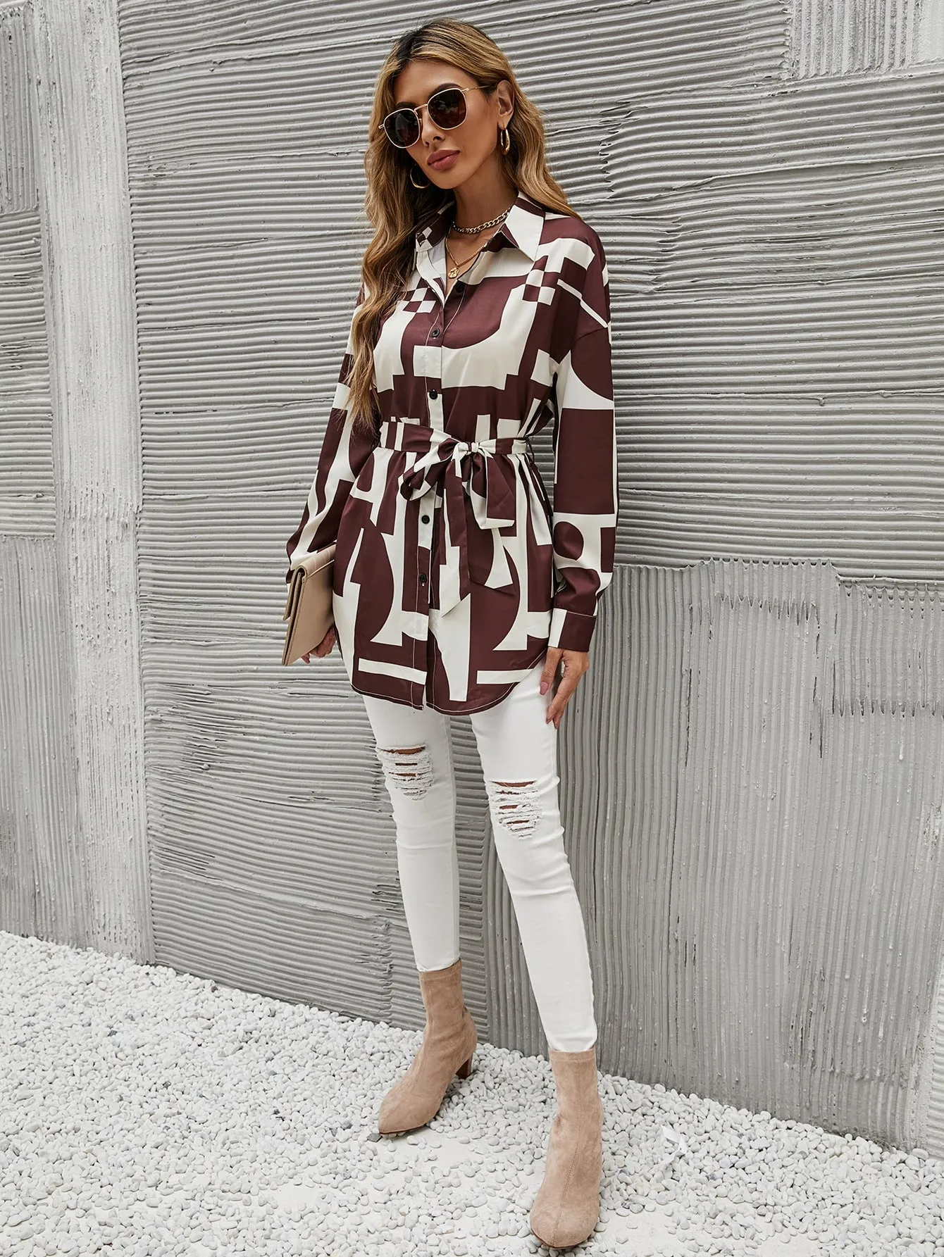 Casual Geometric Button Front Long Sleeve Collar Long Blouse