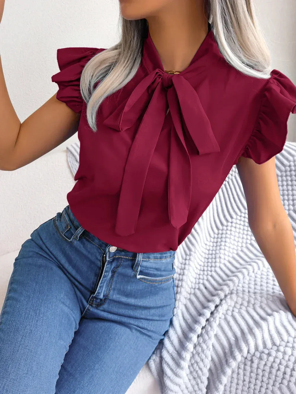 Chic Summer Chiffon Blouse with Bow Detail
