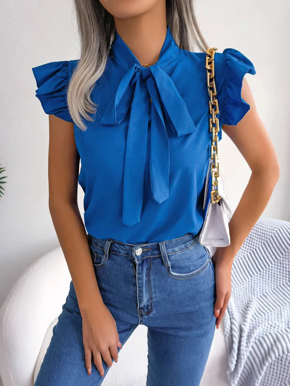 Chic Summer Chiffon Blouse with Bow Detail