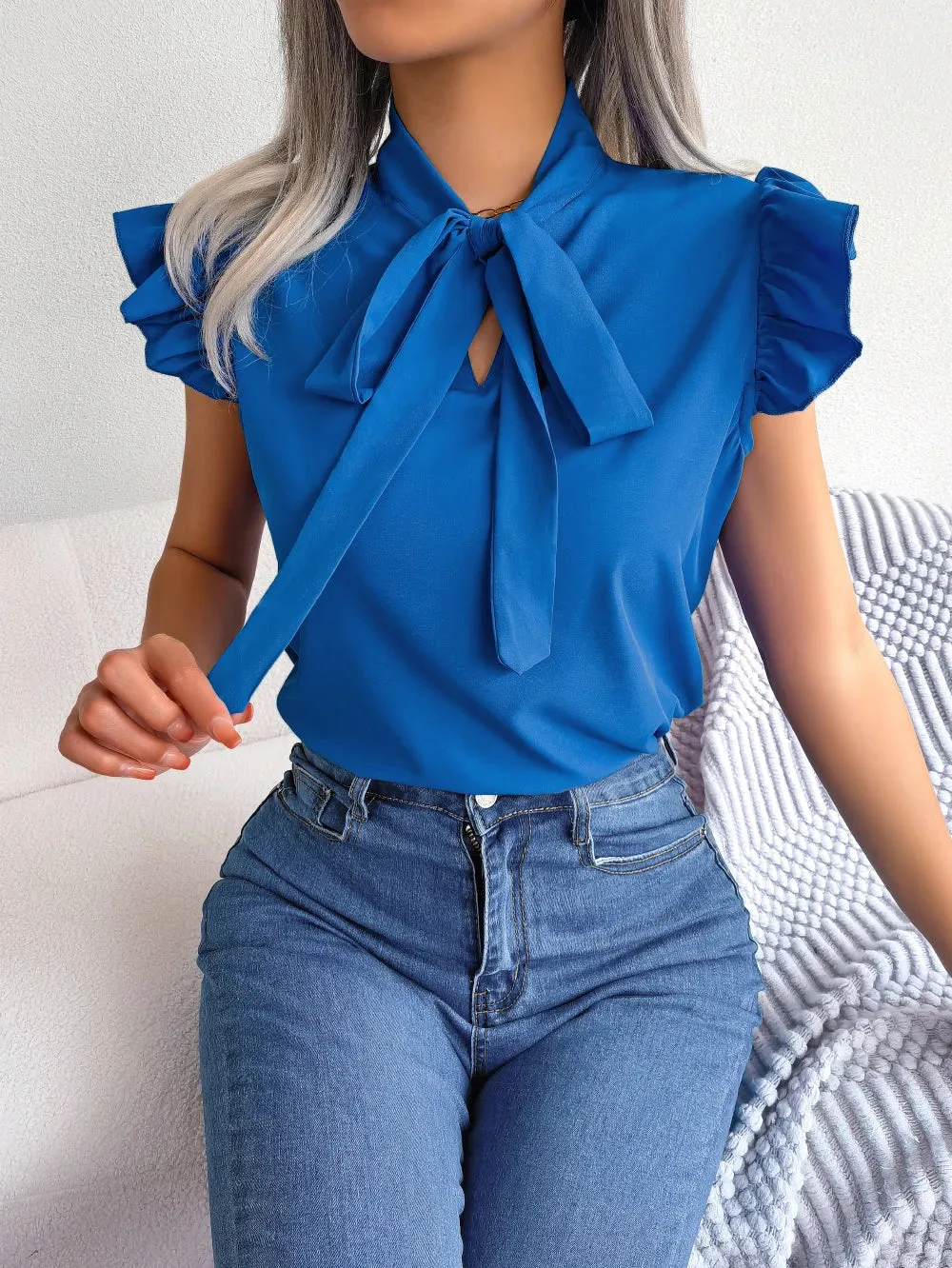 Chic Summer Chiffon Blouse with Bow Detail